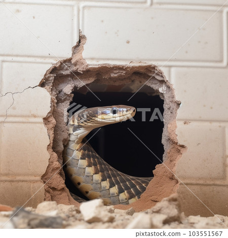 A hole in the wall is broken, a snake's head protrudes from the hole, close-up, a dangerous situation 103551567