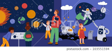 Planetarium excursion. Visitors of space museum listen to guide. Solar system and astronomical objects. Children looks through telescope. Exhibition in observatory. Garish vector concept 103551594