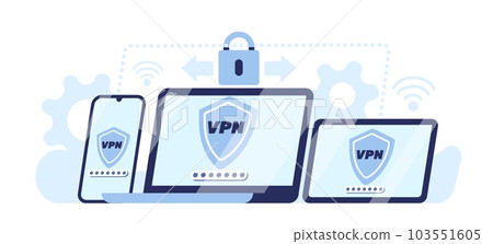 Laptop, tablet and smartphone monitors show VPN connection. Security software. Password protection. Authentication key lock. Network technology. Computer web access. Vector concept Laptop, tablet and smartphone monitors show VPN connection. Security software. Password protection. Authentication key lock. Network technology. Computer web access. Vector concept 103551605