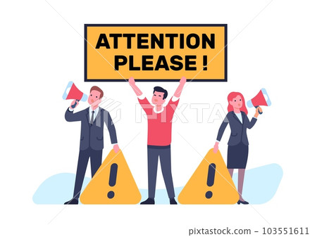 Important announcement. Breaking news. People group with megaphones and caution sign that says attention please. Warning information. Announce placard and loudspeakers. Vector concept 103551611