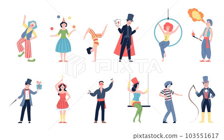 Circus actors, show artist and mime. Clowns, flat carnival festival characters. Street theater performer, people in costumes recent vector set Circus actors, show artist and mime. Clowns, flat carnival festival characters. Street theater performer, people in costumes recent vector set 103551617