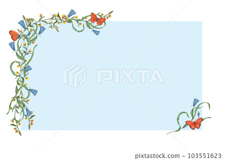 Watercolor flowers, butterflies isolated on white background with blue frame for text. Festive plants illustration with text space for birthday, wedding card design, invitation template 103551623