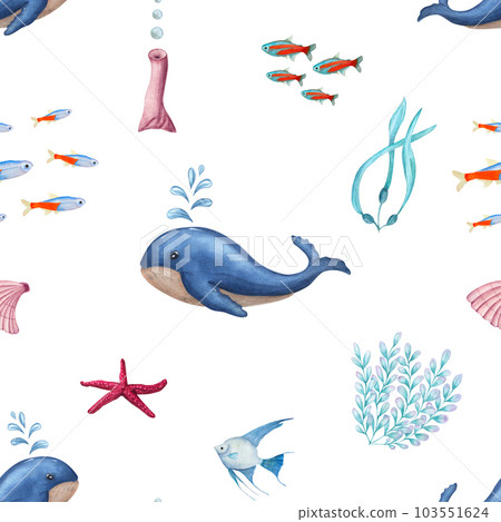 Watercolor underwater seamless pattern of blue whale, angelfish, neonfish, seaweed, starfish isolated on white background. Print for design, background, menus, wallpaper, fabric, textile, wrapping. Watercolor underwater seamless pattern of blue whale, angelfish, neonfish, seaweed, starfish isolated on white background. Print for design, background, menus, wallpaper, fabric, textile, wrapping. 103551624