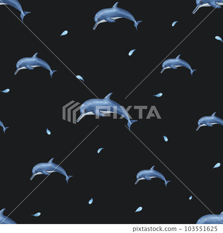 Watercolor underwater seamless pattern of swimming dolphins isolated on black background. Print for design, background, menus, wallpaper, fabric, textile, wrapping. 103551625