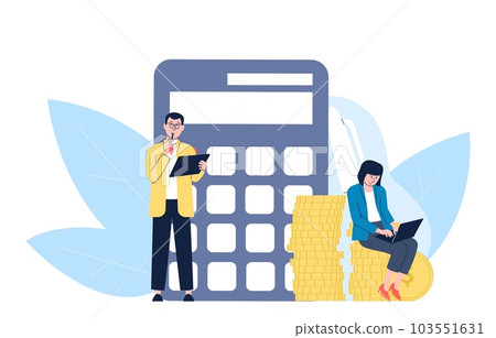 Accounting or financial control. Business profit, people counting money. Mathematics, professors or students with calculator, vector scene 103551631