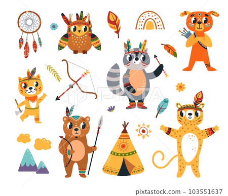 Boho tribal cartoon animal. Woodland animals, native americans decoration elements. Cute tribe children characters, classy vector clipart 103551637