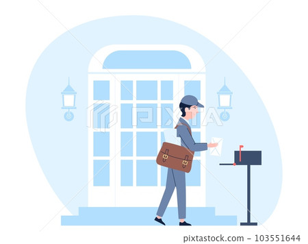 Postman in uniform deliver mail. Delivery envelope, man post worker and message. Social service profession, delivering at address, recent vector scene 103551644