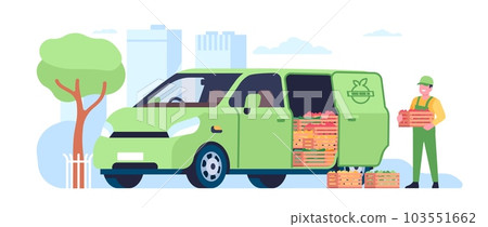 Delivery of farm fresh fruits and vegetables. Deliveryman holding box of natural products. Man loading crates into automobile van. Agriculture harvest. Courier in uniform. Vector concept Delivery of farm fresh fruits and vegetables. Deliveryman holding box of natural products. Man loading crates into automobile van. Agriculture harvest. Courier in uniform. Vector concept 103551662
