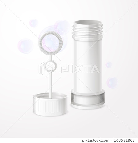 Bubble wand. Soap bubbles blower 3d realistic mockup, stick and bottle for blowing fun foam sphere preschool children fun toy water shampoo balls maker, exact vector illustration Bubble wand. Soap bubbles blower 3d realistic mockup, stick and bottle for blowing fun foam sphere preschool children fun toy water shampoo balls maker, exact vector illustration 103551803