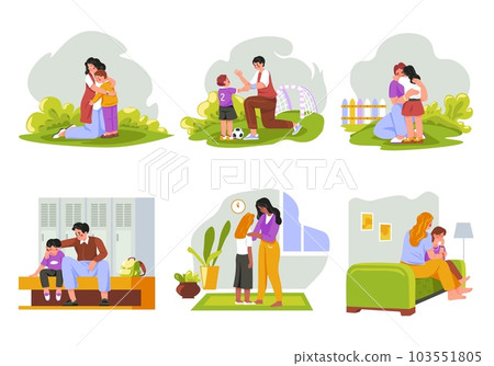 Parents comforting. Parent interacting serious kid sadness teenager, dad and mom talk upset son or daughter, woman hug crying child, parenthood support recent vector illustration Parents comforting. Parent interacting serious kid sadness teenager, dad and mom talk upset son or daughter, woman hug crying child, parenthood support recent vector illustration 103551805