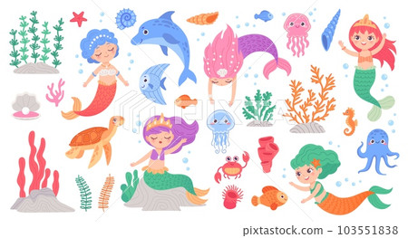 Mermaids and seaweed. Swimming mermaid little princess with sea plant and marine animals, stickers for child aquarium ocean underwater girl characters ingenious vector illustration Mermaids and seaweed. Swimming mermaid little princess with sea plant and marine animals, stickers for child aquarium ocean underwater girl characters ingenious vector illustration 103551838