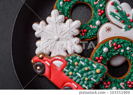 Fresh delicious baked christmas or new year gingerbread cookies 103551909
