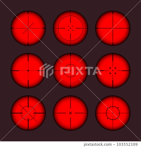 Various weapon thermal infrared sights, sniper rifle optical scopes. Hunting gun viewfinder with crosshair. Aim, shooting mark symbol. Military target sign. Game UI element. Vector illustration 103552109