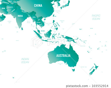 Australia and Southeast Asia - high detailed political map of australian and southeastern Asia region with country, ocean and sea names labeling. 103552914