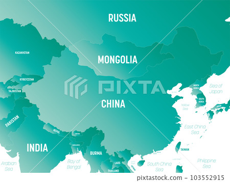 China - high detailed political map of China and neighboring countries with country, ocean and sea names labeling. 103552915