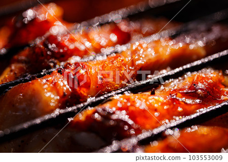 close-up. chicken steaks on a grill rack cooking over an open fire 103553009