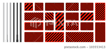 Warning, danger signs, attention banners with metal poles. Red caution sign, construction site signage. Notice signboard, warning banner, road shield. Vector illustration 103553413