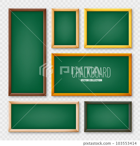 Realistic various chalkboards in a wooden frame. Green restaurant menu board. School blackboard, writing surface for text or drawing. Blank advertising or presentation boards. Vector illustration Realistic various chalkboards in a wooden frame. Green restaurant menu board. School blackboard, writing surface for text or drawing. Blank advertising or presentation boards. Vector illustration 103553414