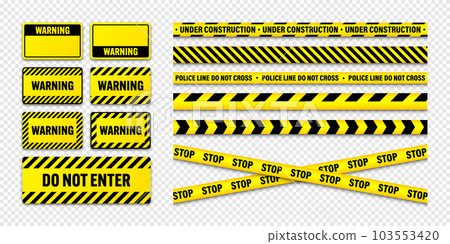 Various barricade construction tapes and warning shields. Yellow police warning line, brightly colored danger or hazard stripe, ribbon. Restricted area, zone. Attention symbol. Vector illustration Various barricade construction tapes and warning shields. Yellow police warning line, brightly colored danger or hazard stripe, ribbon. Restricted area, zone. Attention symbol. Vector illustration 103553420