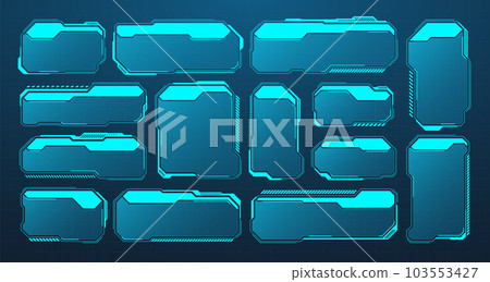 Blue futuristic HUD or UI elements. Sci-fi user interface text boxes, callouts. Warning message frames, information boxes template. Modern game interface layout in digital style. Vector illustration Blue futuristic HUD or UI elements. Sci-fi user interface text boxes, callouts. Warning message frames, information boxes template. Modern game interface layout in digital style. Vector illustration 103553427
