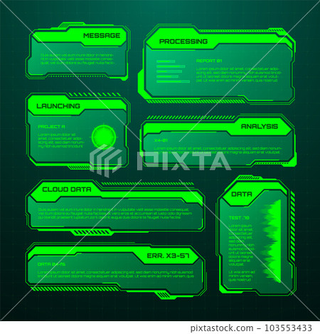 Green futuristic HUD, UI elements. Sci-fi user interface text boxes, callouts. Warning message frames, information boxes template. Modern game interface layout in digital style. Vector illustration Green futuristic HUD, UI elements. Sci-fi user interface text boxes, callouts. Warning message frames, information boxes template. Modern game interface layout in digital style. Vector illustration 103553433