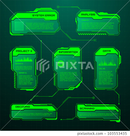 Green futuristic HUD, UI elements. Sci-fi user interface text boxes, callouts. Warning message frames, information boxes template. Modern game interface layout in digital style. Vector illustration Green futuristic HUD, UI elements. Sci-fi user interface text boxes, callouts. Warning message frames, information boxes template. Modern game interface layout in digital style. Vector illustration 103553435