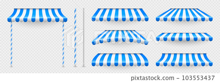 Blue shop sunshade with stand holders. Realistic striped cafe awning. Outdoor market tent. Roof canopy. Summer street store. Vector illustration Blue shop sunshade with stand holders. Realistic striped cafe awning. Outdoor market tent. Roof canopy. Summer street store. Vector illustration 103553437