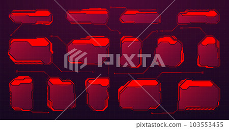 Red futuristic HUD or UI elements. Sci-fi user interface text boxes, callouts. Warning message frames, information boxes template. Modern game interface layout in digital style. Vector illustration 103553455