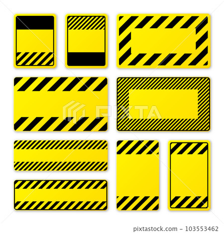 Various blank yellow warning signs with diagonal lines. Attention, danger or caution sign, construction site signage. Realistic notice signboard, warning banner, road shield. Vector illustration Various blank yellow warning signs with diagonal lines. Attention, danger or caution sign, construction site signage. Realistic notice signboard, warning banner, road shield. Vector illustration 103553462