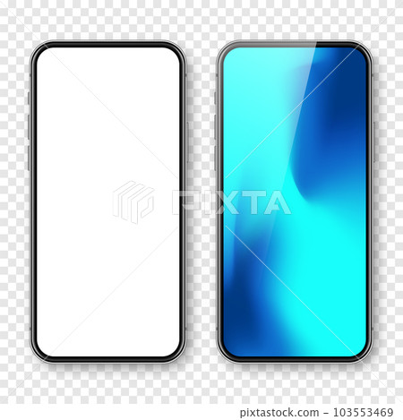 Smartphone with blank touch screen and abstract colorful background, wallpaper. Frameless mobile phone in front view. High quality detailed device mockup. Vector illustration Smartphone with blank touch screen and abstract colorful background, wallpaper. Frameless mobile phone in front view. High quality detailed device mockup. Vector illustration 103553469