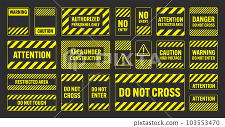 Various yellow warning signs with diagonal lines. Attention, danger or caution sign, construction site signage. Realistic notice signboard, warning banner, road shield. Vector illustration Various yellow warning signs with diagonal lines. Attention, danger or caution sign, construction site signage. Realistic notice signboard, warning banner, road shield. Vector illustration 103553470