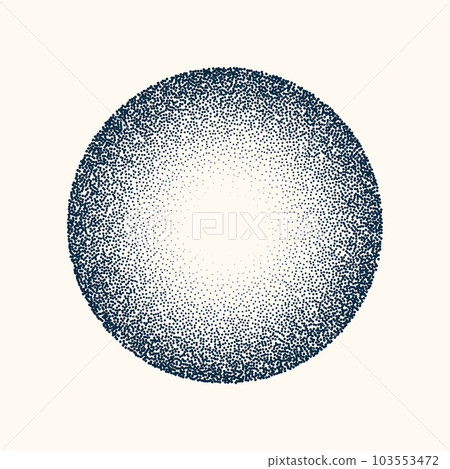 Round shaped dotted object, vintage stipple element. Fading gradient. Stippling, dotwork drawing, shading using dots. Halftone disintegration effect. White noise grainy texture. Vector illustration 103553472