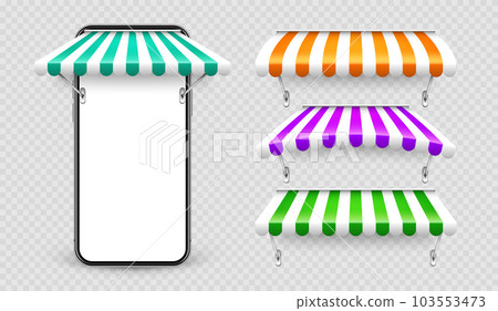 Smartphone with shop sunshade and metal mount, online internet shopping. Realistic striped cafe awning. Outdoor market tent. Roof canopy. Summer street store. Vector illustration Smartphone with shop sunshade and metal mount, online internet shopping. Realistic striped cafe awning. Outdoor market tent. Roof canopy. Summer street store. Vector illustration 103553473