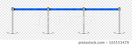 Realistic blue retractable belt stanchion. Crowd control barrier posts with caution strap. Queue lines. Restriction border and danger tape. Attention, warning sign. Vector illustration Realistic blue retractable belt stanchion. Crowd control barrier posts with caution strap. Queue lines. Restriction border and danger tape. Attention, warning sign. Vector illustration 103553479