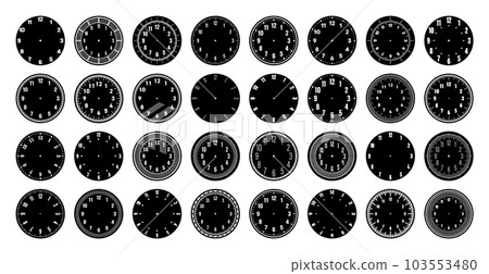 Mechanical clock faces, watch dial with numerals, bezel. Timer or stopwatch element with minute, hour marks and numbers. Blank measuring circle scale with divisions. Vector illustration Mechanical clock faces, watch dial with numerals, bezel. Timer or stopwatch element with minute, hour marks and numbers. Blank measuring circle scale with divisions. Vector illustration 103553480