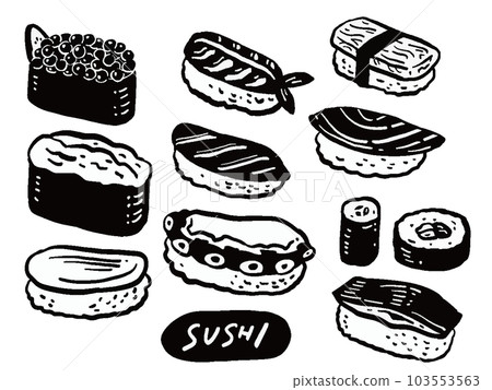 Sushi single color hand drawn mark style illustration set Sushi single color hand drawn mark style illustration set 103553563
