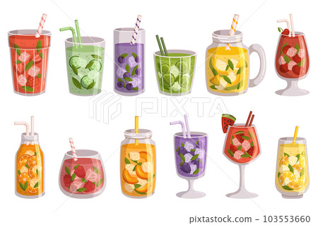 Summer Fruit Drinks Set. Strawberry, Cucumber with Mint, Blueberry, Lime or Lemon, Cherry, Orange, Raspberry and Peach 103553660