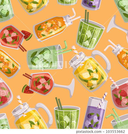 Vibrant Seamless Pattern Depicting Refreshing Summer Fruit Drinks, Featuring A Variety Of Colorful And Juicy Fruit Blend 103553662
