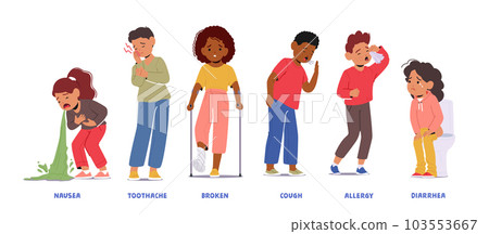 Childhood Illnesses Nausea, Toothache, Broken Foot, Cough, Allergy And Diarreha, Require Medical Treatment Childhood Illnesses Nausea, Toothache, Broken Foot, Cough, Allergy And Diarreha, Require Medical Treatment 103553667