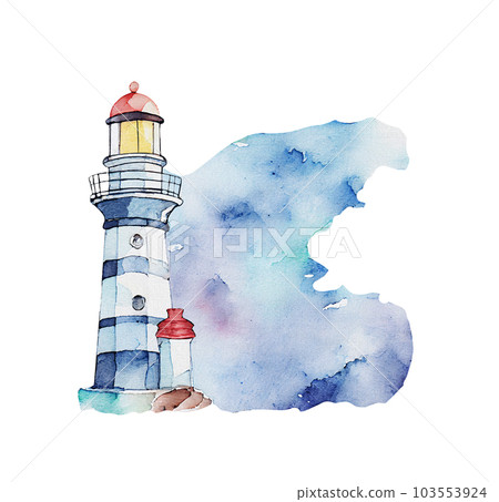Watercolor lighthouse nautical illustration. Seascape isolated on white 103553924