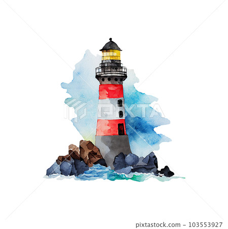Watercolor lighthouse nautical illustration. Seascape isolated on white Watercolor lighthouse nautical illustration. Seascape isolated on white 103553927