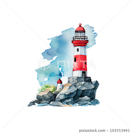 Watercolor lighthouse nautical illustration. Seascape isolated on white Watercolor lighthouse nautical illustration. Seascape isolated on white 103553941