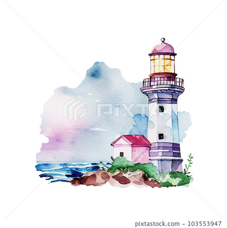 Watercolor lighthouse nautical illustration. Seascape isolated on white 103553947