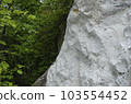 Chalk mining. Chalk hills. Chalk surface. White Stone Texture background wallpaper. The silhouette of a chalk cliff in the background is green foliage of the forest. 103554452