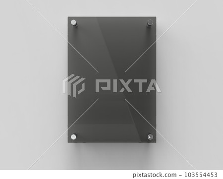 Blank vertical A4 black glass office corporate Signage plate Mock Up Template, Board For Branding, Logo. Black Transparent acrylic advertising signboard mockup. 3D rendering 103554453