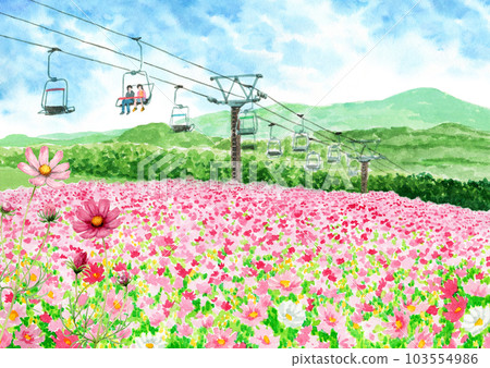 Analog watercolor landscape painting full bloom cosmos field and lift 103554986