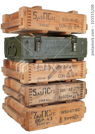 Army ammunition stack of wooden crates. Text in russian - type of ammunition, projectile caliber, projectile type, number of pieces and weight. Army ammunition stack of wooden crates. Text in russian - type of ammunition, projectile caliber, projectile type, number of pieces and weight. 103555206