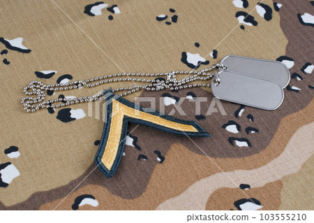 US ARMY Private rank patch and dog tags on desert camouflage uniform 103555210