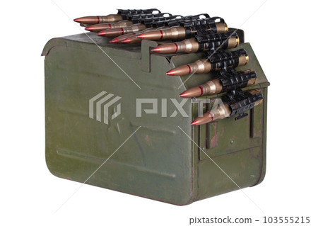 Ammo box with ammunition belt and 12.7mm cartridges for heavy machine gun. Ammo box with ammunition belt and 12.7mm cartridges for heavy machine gun. 103555215