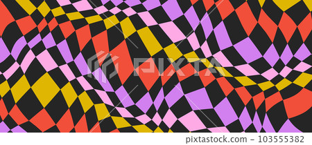 Colorful distorted checkerboard background. Purple red yellow pink psychedelic checkered wallpaper. Wavy groovy chessboard surface. Trippy twisted geometric pattern. Abstract retro vector backdrop 103555382